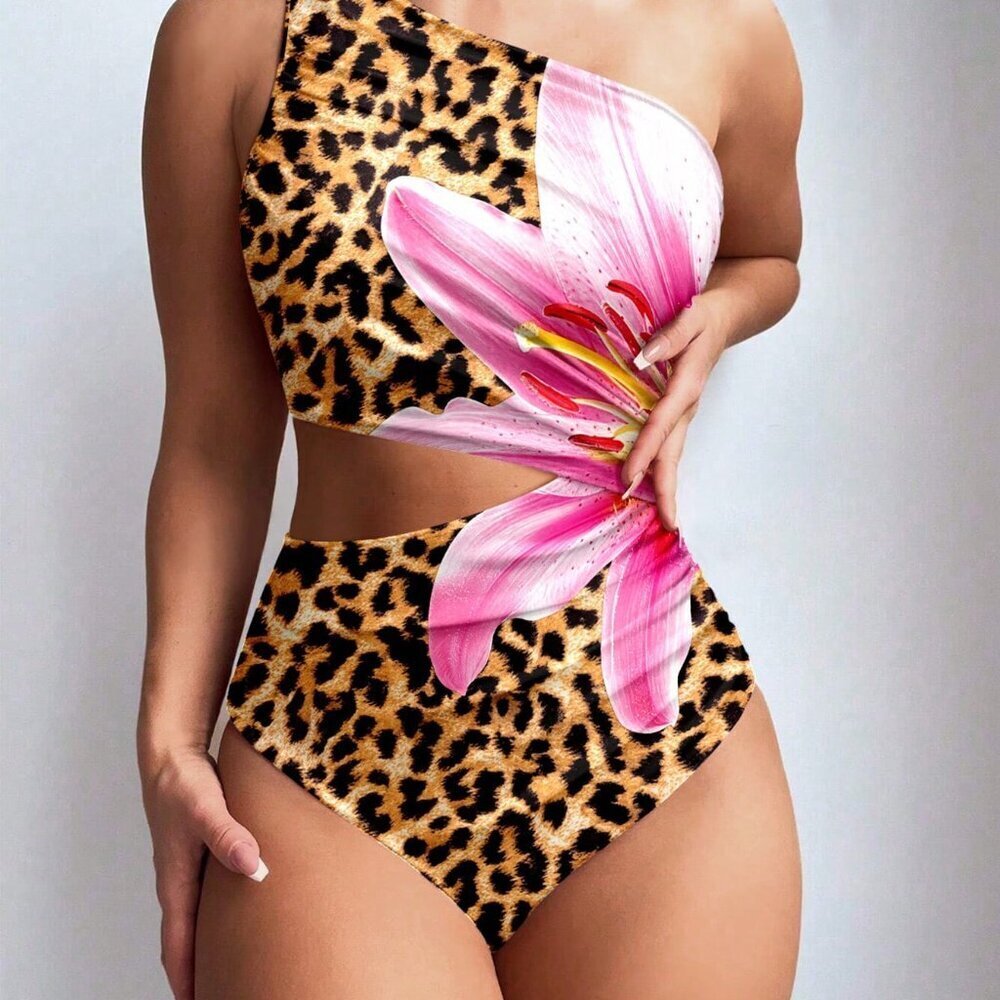 Multicolor Casual Women's One-Shoulder Leopard Print One-Piece Swimsuit